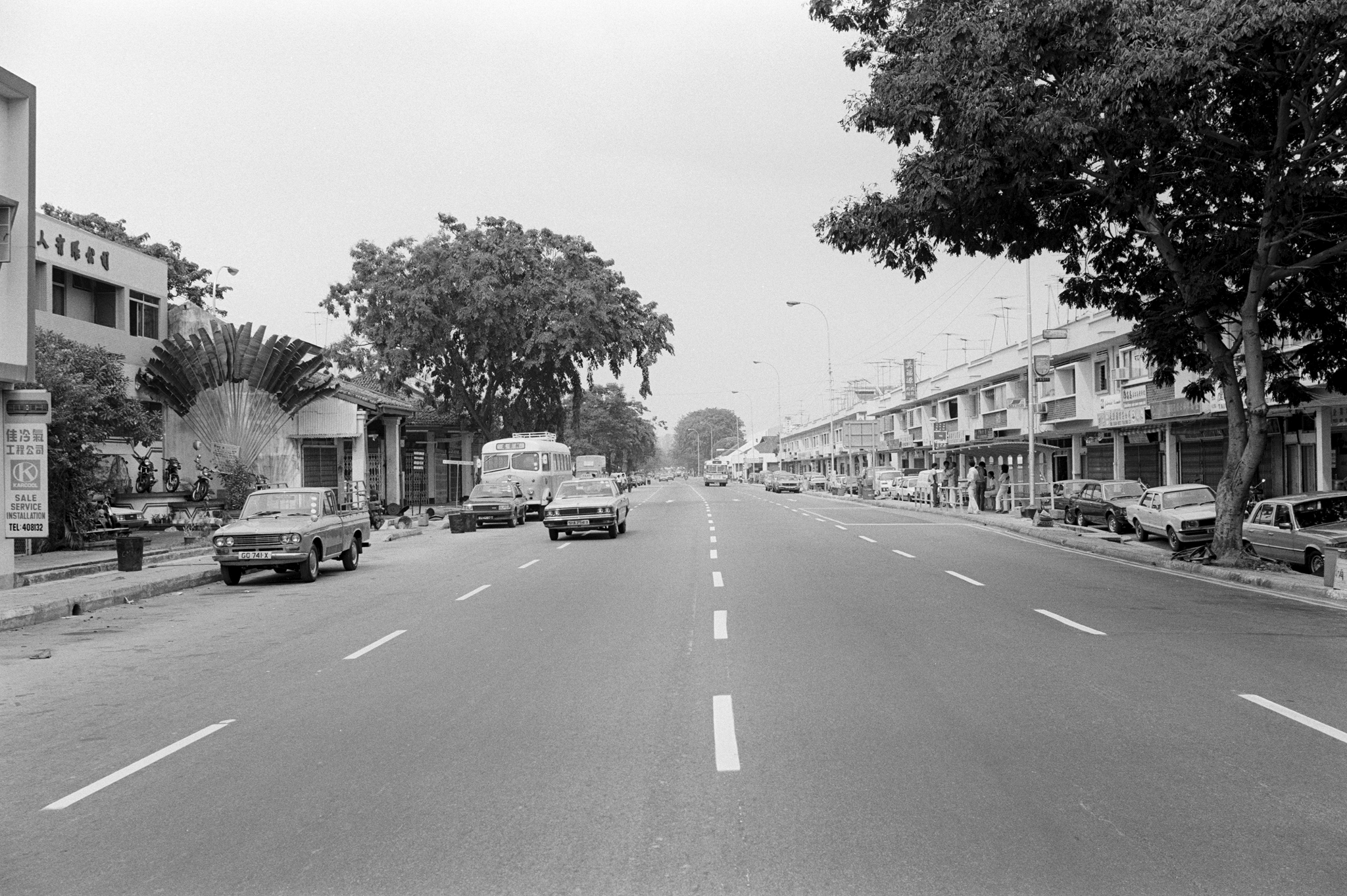 Black and white street scene with cars, buildings, and trees lining a wide road.